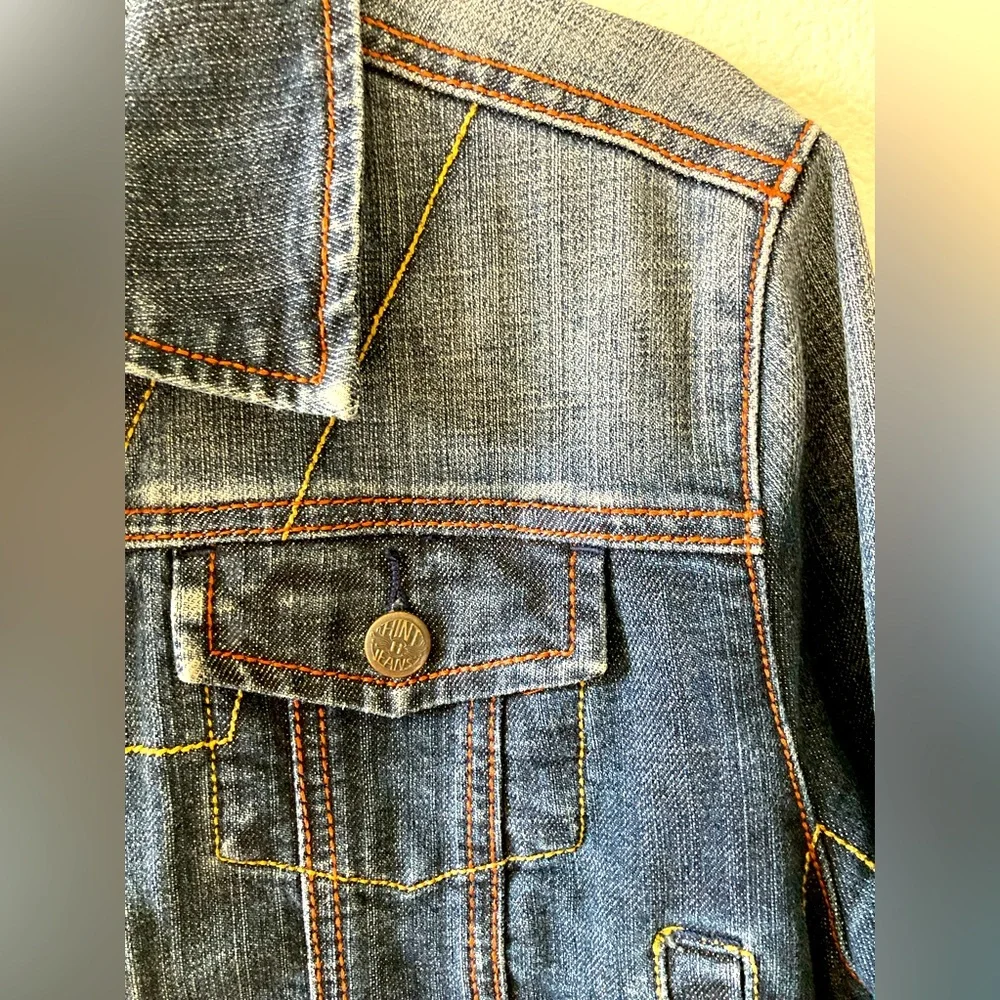 Cropped denim jacket w/ small edgy studs. Red & yellow stitching. Distressed - Picture 4 of 11